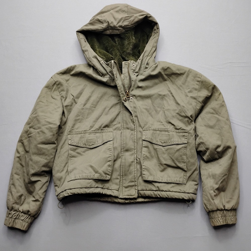 Aeropostale Womens Olive Green Faux Fur Lined Hooded Utility Jacket Large